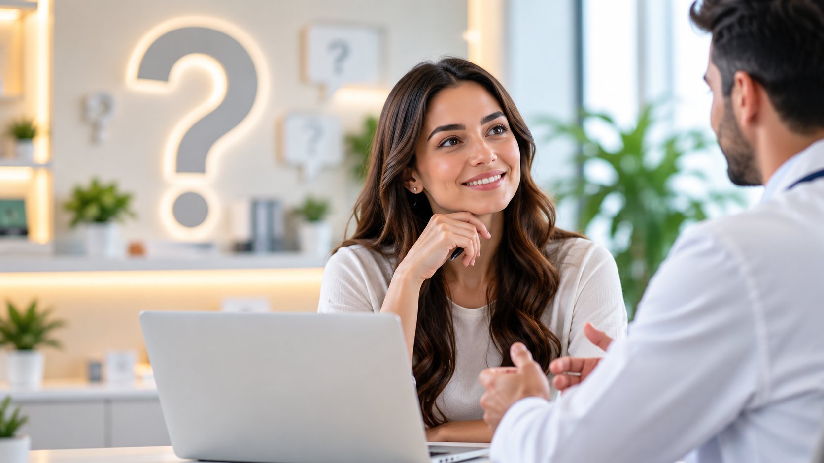 A patient smiling while asking a doctor questions during a consultation