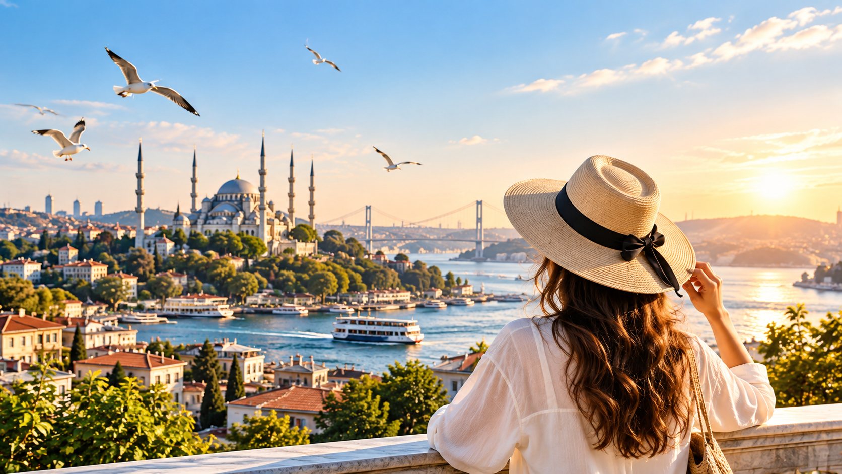 A traveler in a sun hat looking out over Istanbul and the Bosphorus