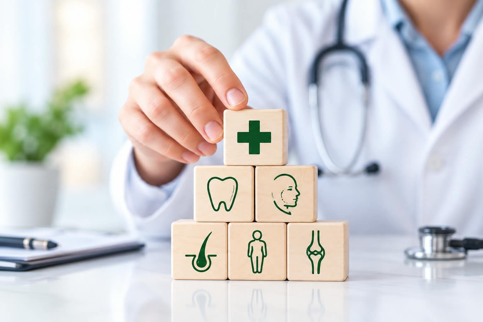 A doctor placing a wooden block with a medical cross on top of blocks showing dental, aesthetic, hair, body and joint icons