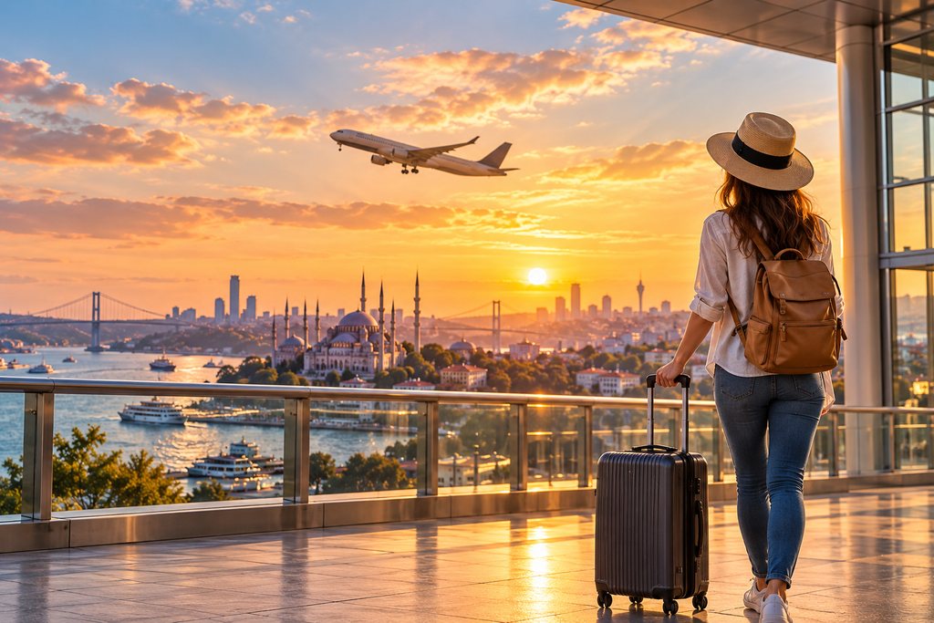 A traveler with a suitcase watching a plane take off over Istanbul at sunset